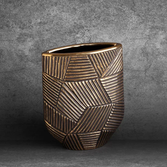 Wazon ceramiczny EMMI z wytłaczanym geometrycznym wzorem - 18 x 8 x 24 cm - czarny
