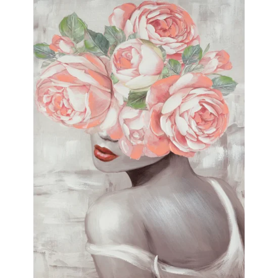 Obraz Obraz AMELI 2 portret kobiety w nakryciu głowy z kwiatów ręcznie malowany na płótnie - 60 x 80 cm - różowy