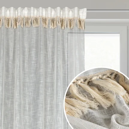 Zasłona naturalna z dodatkiem lnu w stylu boho 140x270 cm taśma/szelki ALANIA Zasłona naturalna z dodatkiem lnu w stylu boho 140x270 cm taśma/szelki ALANIA - 140 x 270 cm
