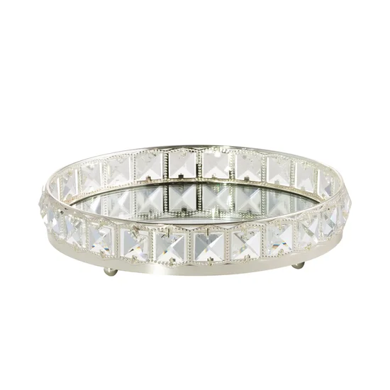 Okrągła taca dekoracyjna HANA 2 z lustrzanym blatem i metalowym obrzeżem z kryształami w stylu glamour - ∅ 27 x 6 cm - srebrny