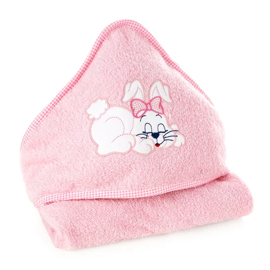 Ręcznik BABY z kapturkiem i naszywaną aplikacją z króliczkiem - 75 x 75 cm - różowy