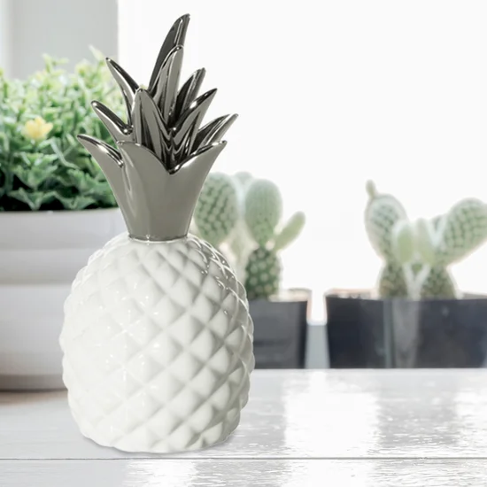 Figurka ceramiczna PINA biało-srebrny ananas - ∅ 10 x 22 cm - biały