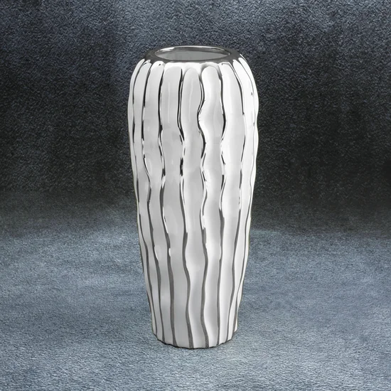 Wazon ceramiczny SAVANA przecierany biało-srebrny - ∅ 15 x 34 cm - biały