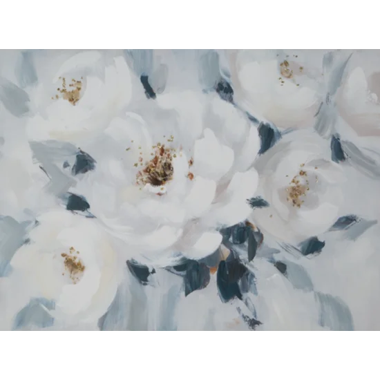Obraz ręcznie malowany na płótnie z białymi kwiatami podkreślony złotymi akcentami - 80 x 60 cm - biały