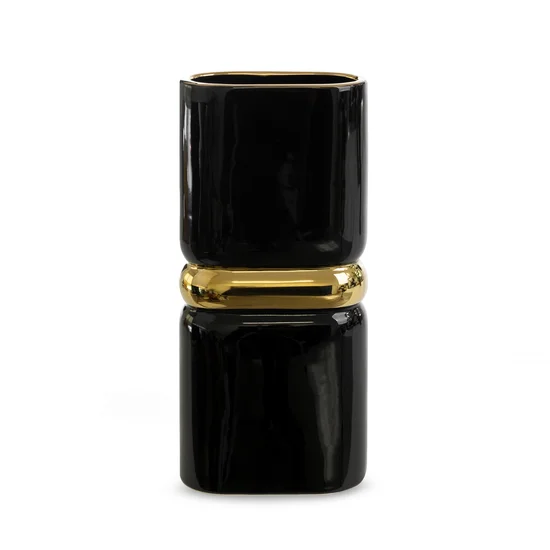 Wazon ceramiczny SELIN o  geometrycznym kształcie czarno-złoty - 16 x 8 x 36 cm - czarny