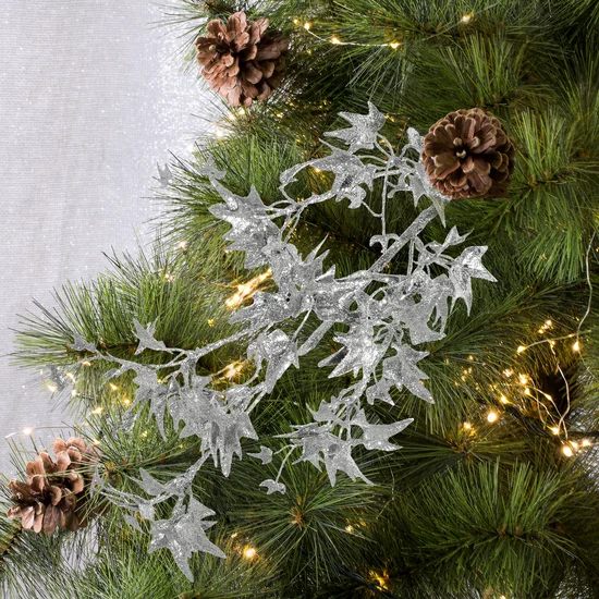 Zimowa gałązka bluszczu zdobiona brokatem - 78 cm - srebrny