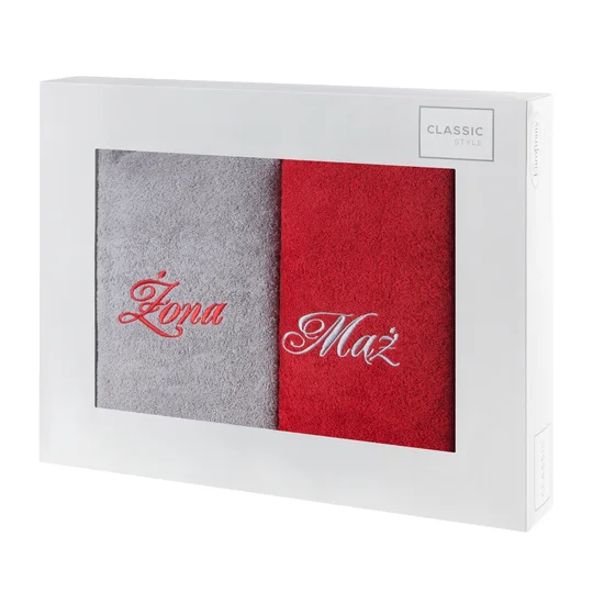 Zestaw upominkowy 2 szt ręczników 50X90 cm z haftem ŻONA i MĄŻ w kartonowym opakowaniu na prezent - 47 x 37 x 7 cm - czerwony