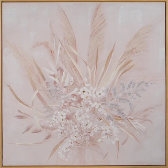 Obraz ręcznie malowany na płótnie bukiet kwiatów z trawą pampasową - 80 x 80 cm - beżowy