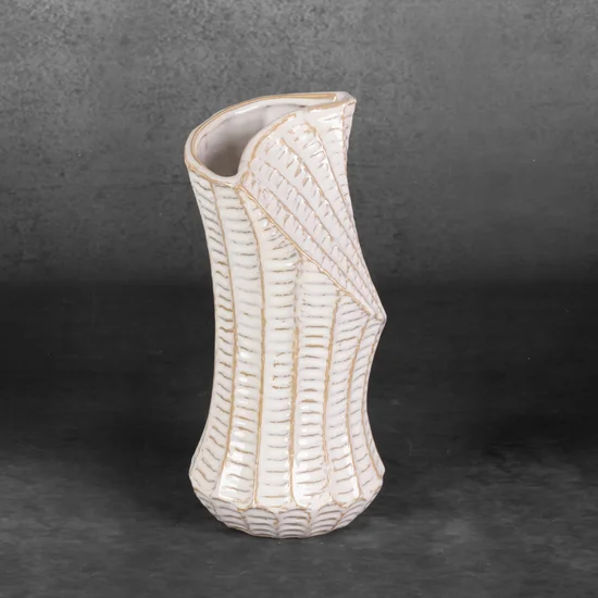 Wazon ceramiczny LIZA z wytłaczanym wzorem o ściętym kształcie - ∅ 14 x 29 cm - kremowy
