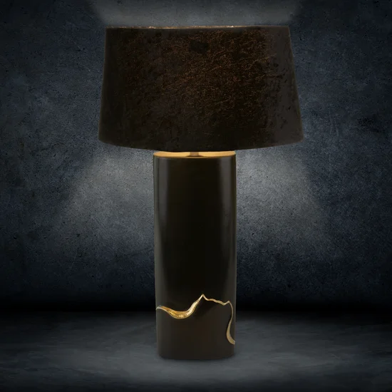 Lampka stołowa EBRU na ceramicznej podstawie w formie walca z abażurem z matowej tkaniny - 16 x 9 x 65 cm - czarny