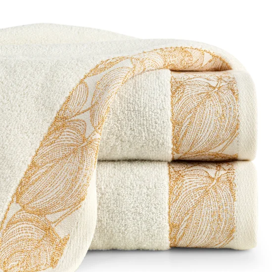 Ręcznik AGIS z żakardową bordiurą z motywem liści, ZERO TWIST - 70 x 140 cm - kremowy