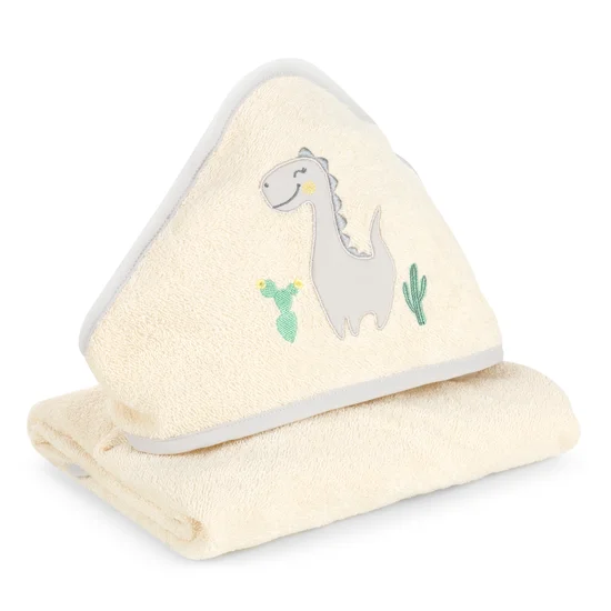 Ręcznik BABY dla niemowląt i dzieci z kapturkiem i naszywaną aplikacją z dinozaurem - 100 x 100 cm - kremowy