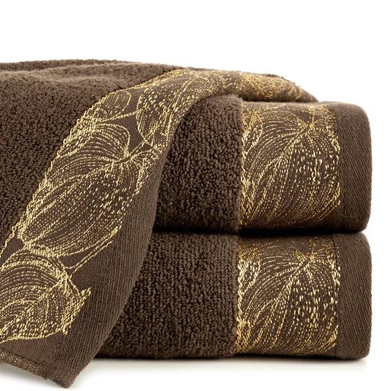 Ręcznik AGIS z żakardową bordiurą z motywem liści, ZERO TWIST - 30 x 50 cm - brązowy