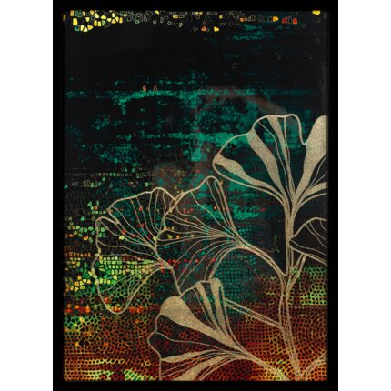 Zdjęcia - Obraz  GINKO z nadrukiem liści miłorzębu w czarnej ramce 53 x 73 cm rudy,zł