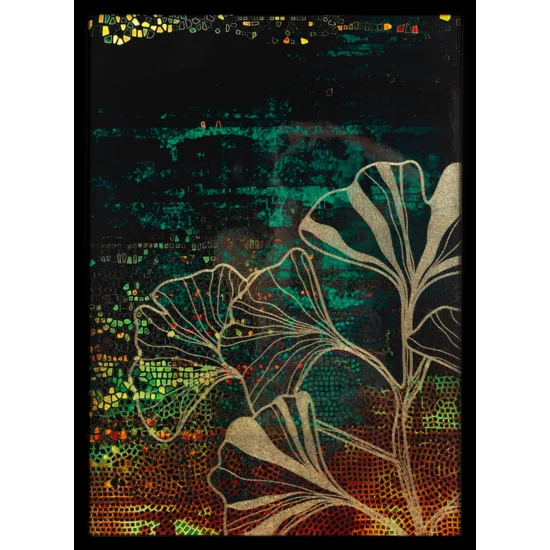 Obraz GINKO z nadrukiem liści miłorzębu w czarnej ramce - 53 x 73 cm - rudy