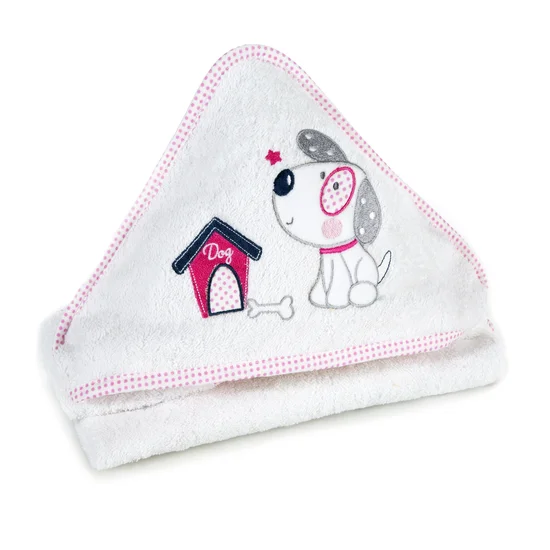 Ręcznik BABY z kapturkiem i haftowaną aplikacją z pieskiem - 75 x 75 cm - biały
