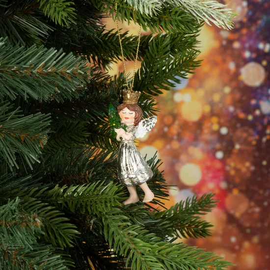 Figurka świąteczna ANIOŁEK trzymający choinkę - 4 x 3 x 9 cm - srebrny