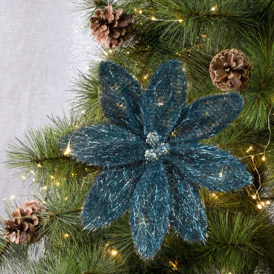 Świąteczny kwiat z miękkiej tkaniny z połyskliwymi włoskami - 15 cm - niebieski