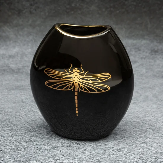 Wazon ceramiczny z nadrukiem złotej ważki - 14 x 7 x 16 cm - czarny