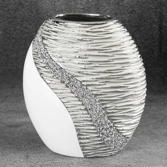 Wazon ceramiczny ADONA zdobiony wytłaczanym wzorem oraz lśniącymi kryształkami - 23 x 12 x 25 cm - biały