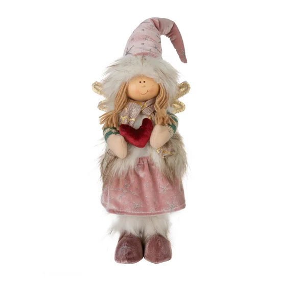 Figurka świąteczna DOLL elf w zimowym stroju z miękkich tkanin - 14 x 13 x 51 cm - różowy