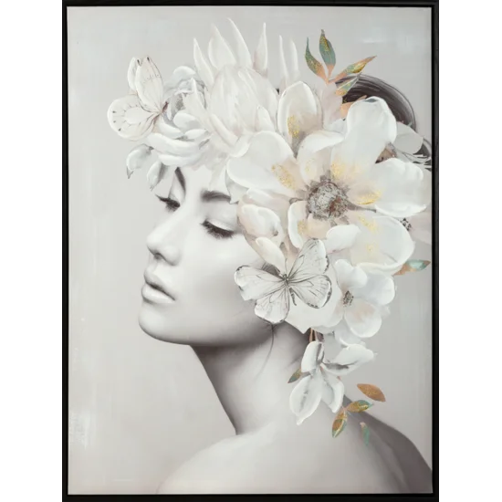 Obraz ROMANCE 2 portret kobiety w nakryciu głowy z kwiatów ręcznie malowany na płótnie w ramie - 60 x 80 cm - szary