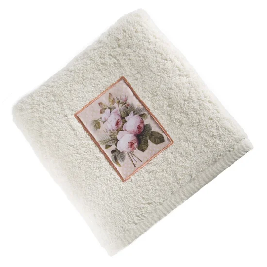 Ręcznik z naszywaną aplikacją z kwiatami - 70 x 140 cm - kremowy