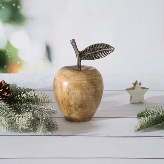 Figurka świąteczna z naturalnego drewna w kształcie jabłka zdobiona srebrnym liściem - ∅ 9 x 17 cm - brązowy