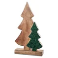 Figurka świąteczna z naturalnego drewna w kształcie choinek częściowo zdobiona lśniącym brokatem - 18 x 5 x 32 cm - brązowy 1