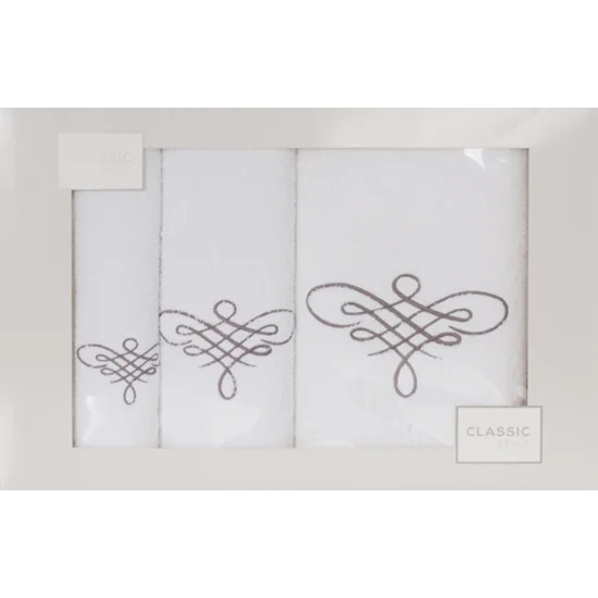 Komplet ręczników z ornamentowym haftem w kartonowym opakowaniu - 56 x 36 x 7 cm - biały