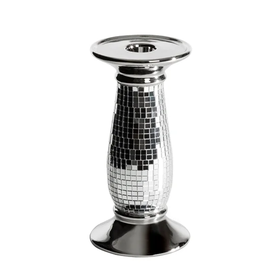 Srebrny świecznik ceramiczny dekorowana szkiełkami w stylu glamour - ∅ 10 x 20 cm - srebrny