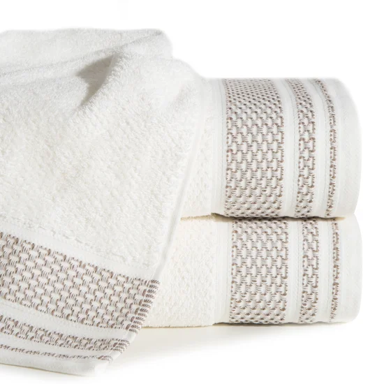 Ręcznik bawełniany SUZANA o ryżowej strukturze z żakardową bordiurą - 70 x 140 cm - kremowy