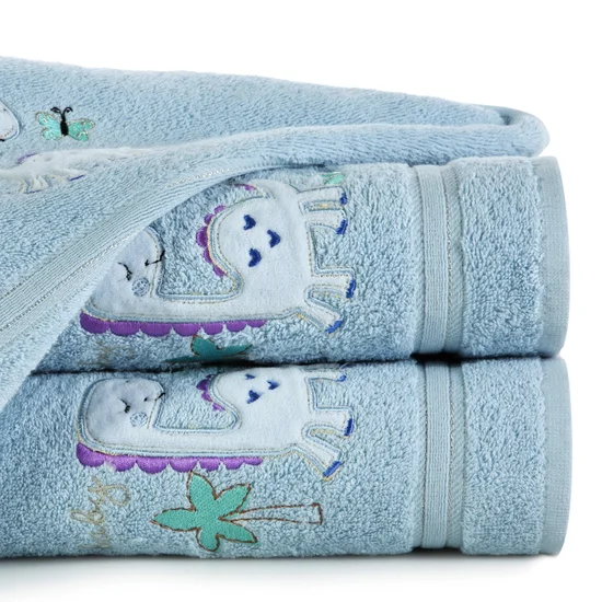 Ręcznik BABY z haftowaną aplikacją z dinozaurem - 70 x 140 cm - niebieski