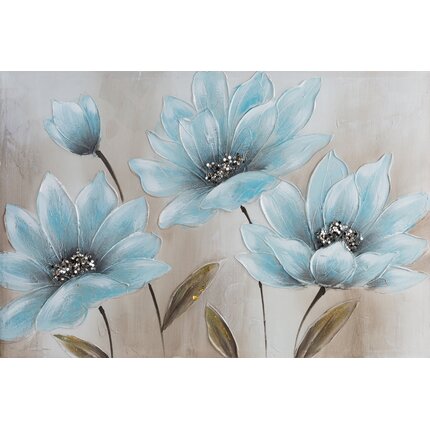 Obraz BLOOM 3 ręcznie malowany na płótnie niebieskie kwiaty wykończone lśniącym brokatem 90 x 60 cm szarobłękitny,beżowy