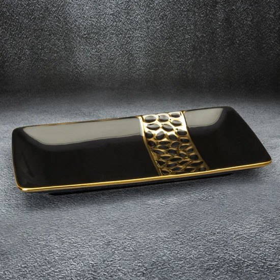 Patera dekoracyjna MADLEN czarna ze złotym zdobieniem nowoczesne wzornictwo - 35 x 20 x 4 cm - czarny