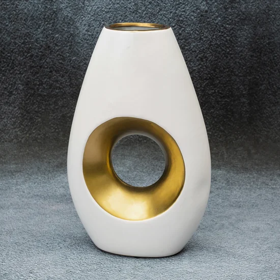 Wazon ceramiczny MIRA z otworem biało-złoty - 19 x 8 x 30 cm - biały