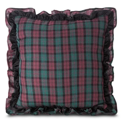 Poszewka IGA w kratę z welwetową falbaną zdobiącą krawędziach Poszewka IGA w kratę z welwetową falbaną zdobiącą krawędziach - 45 x 45 cm