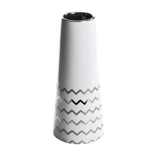 Wazon ceramiczny zdobiony geometrycznym wzorem, biało-srebrny - ∅ 12 x 30 cm - biały
