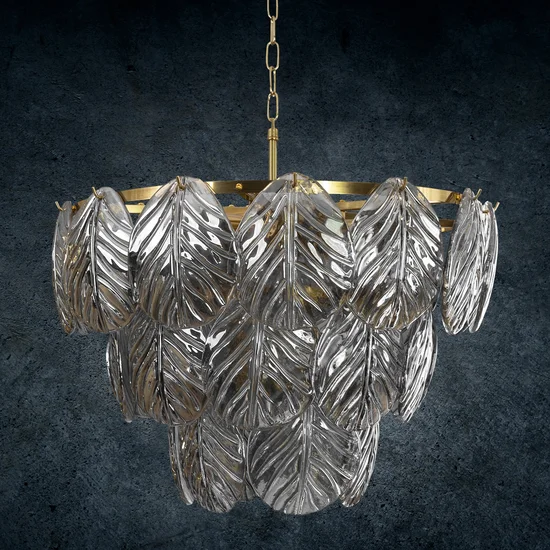 Lampa  DAGI ze szklanymi  zawieszkami  w formie liści z dymionego szkła - ∅ 57 x 56 cm - złoty