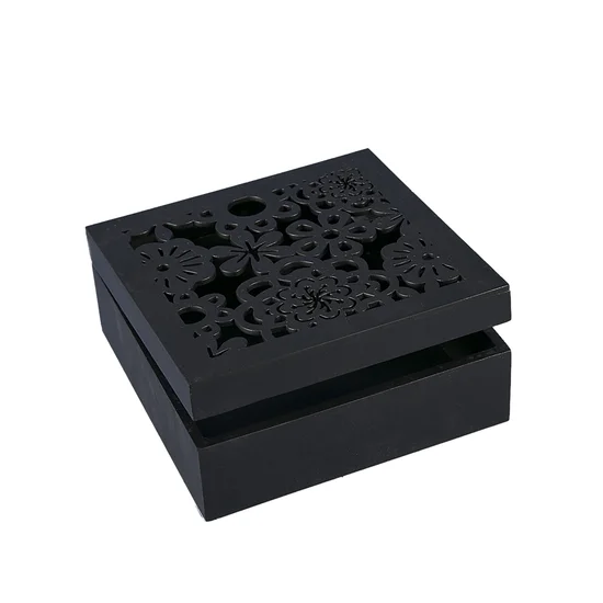 Szkatułka na biżuterię DAISY z ażurowym wieczkiem - 16 x 16 x 6 cm - czarny
