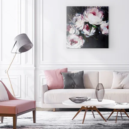 Obraz ROSES ręcznie malowany na płótnie ze złotymi elementami Obraz ROSES ręcznie malowany na płótnie ze złotymi elementami - 80 x 80 cm