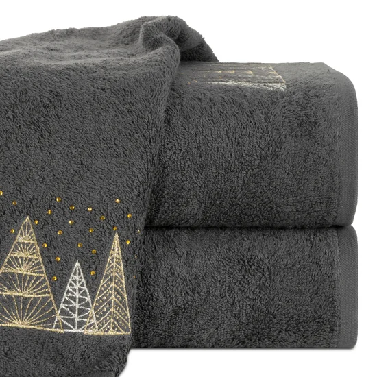 Ręcznik świąteczny SANTA 21 bawełniany z haftem z choinkami i drobnymi kryształkami - 70 x 140 cm - stalowy