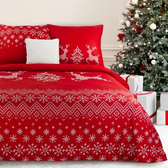Komplet pościeli świątecznej NOEL z wysokiej jakości satyny bawełnianej - 160 x 200 cm - czerwony