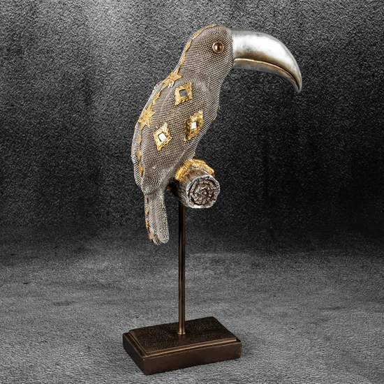 Tukan figurka ceramiczna srebrno-złota - 23 x 12 x 41 cm - srebrny