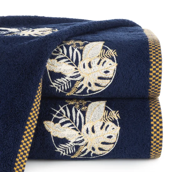 Ręcznik  PALMS bawełniany z haftowaną bordiurą w egzotyczne liście - 70 x 140 cm - granatowy