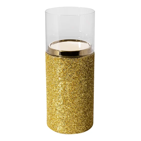 Świecznik ceramiczny dekorowany brokatem ze szklaną osłonką - ∅ 12 x 34 cm - złoty