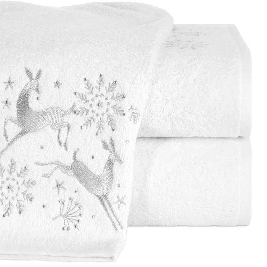 Ręcznik świąteczny SANTA 14  bawełniany z haftem z sarenkami podkreślony kryształkami - 50 x 90 cm - biały