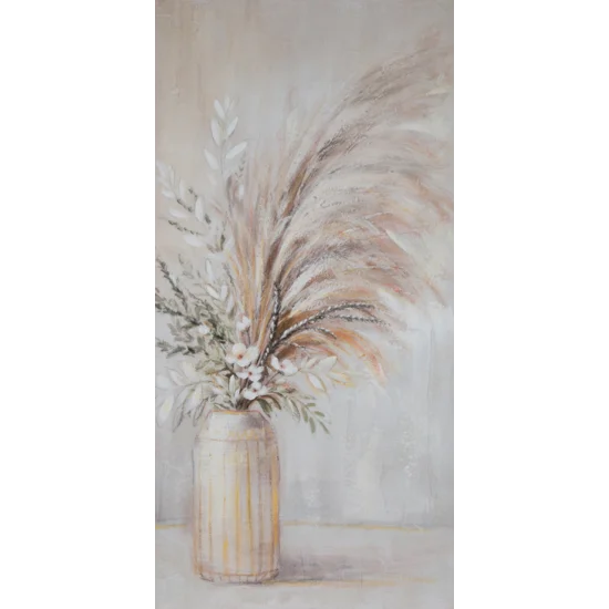 Obraz ręcznie malowany na płótnie bukiet kwiatów z trawą pampasową - 60 x 120 cm - beżowy
