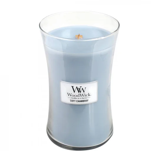 WOOD WICK -  świeca  duża z drewnianym knotem - Soft Chambray - ∅ 11 x 18 cm - niebieski