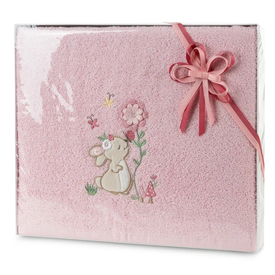 Zestaw prezentowy - ręcznik z aplikacją z króliczkiem dla dziecka - 35 x 30 x 5 cm - różowy